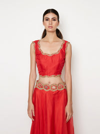 Red Lehenga with Top and Embroidered Cape