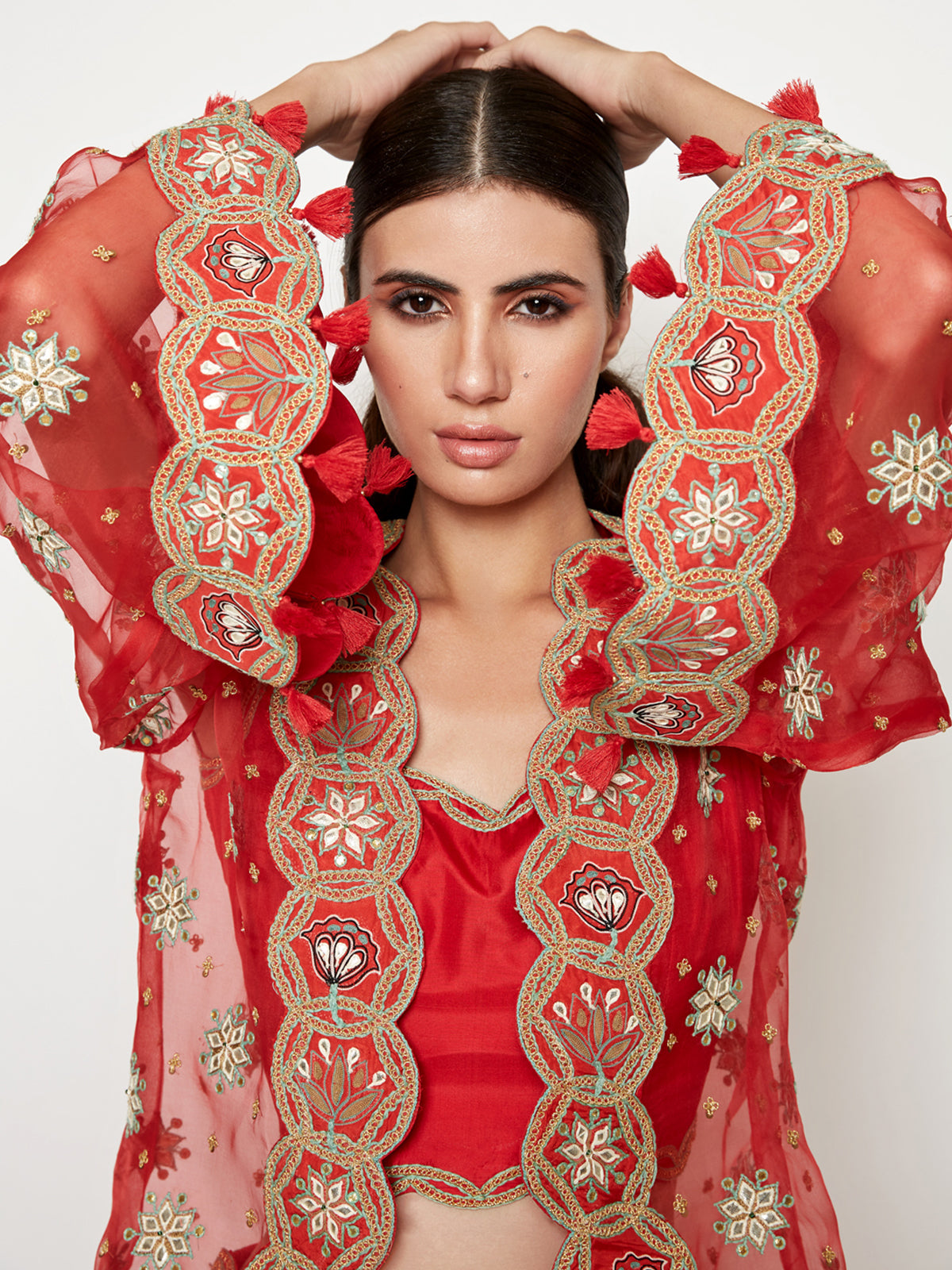 Red Lehenga with Top and Embroidered Cape
