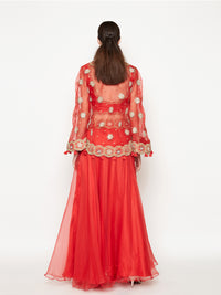 Red Lehenga with Top and Embroidered Cape