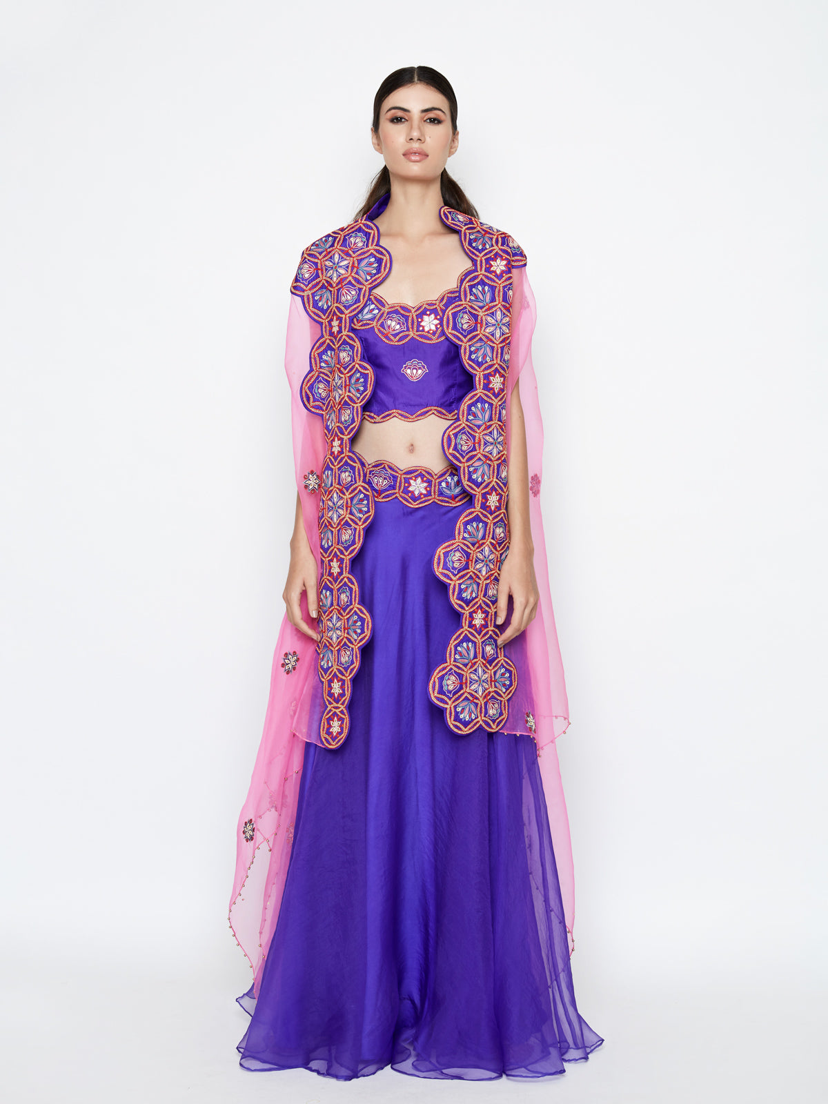 Purple Lehenga with Top and Embroidered Cape