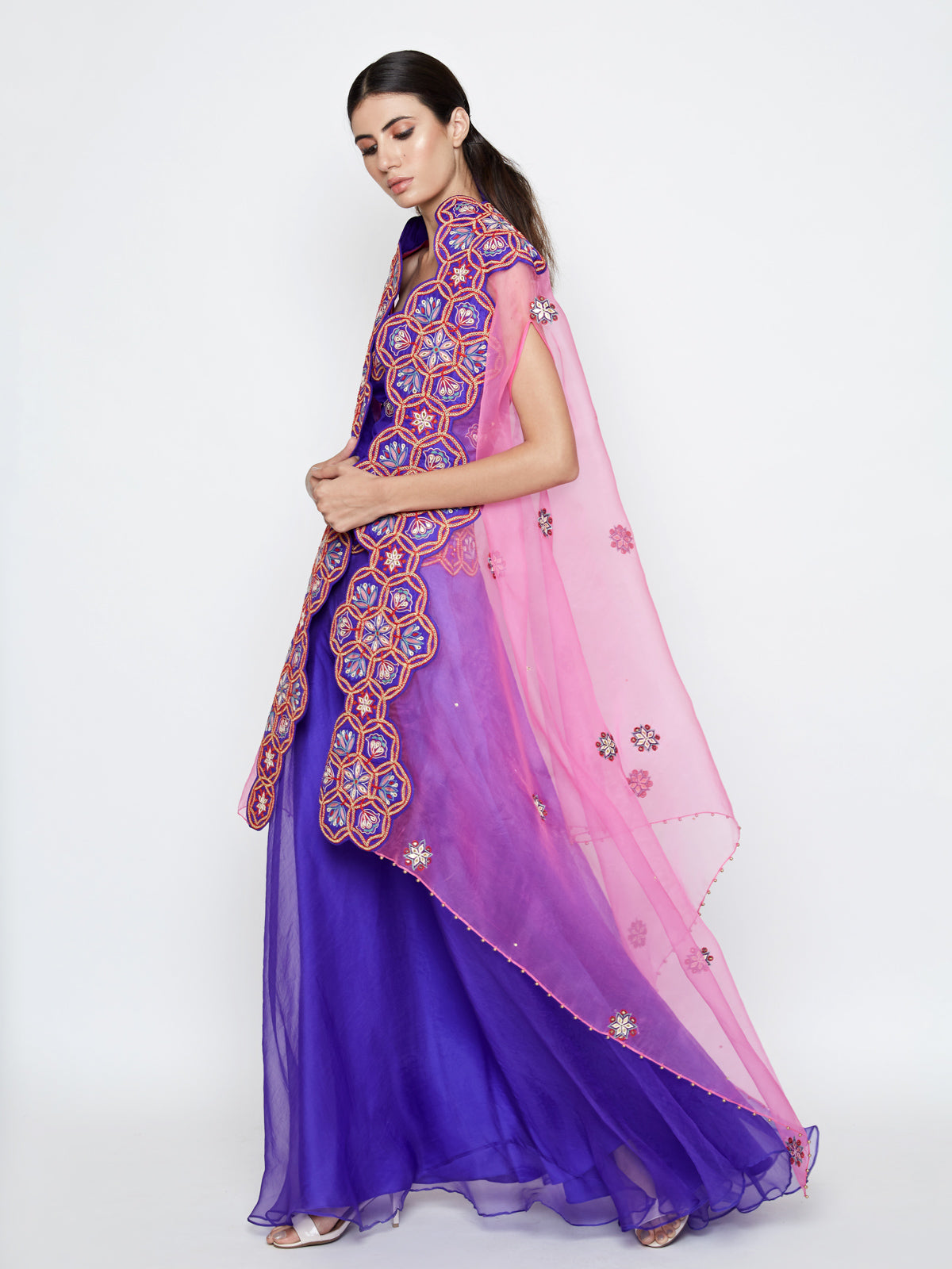 Purple Lehenga with Top and Embroidered Cape