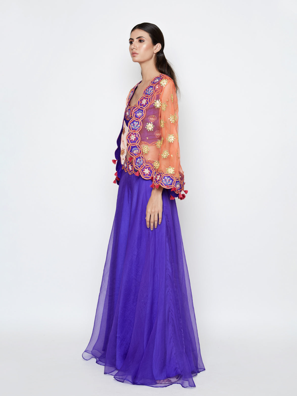 Purple Lehenga with Top and Orange Embroidered Cape