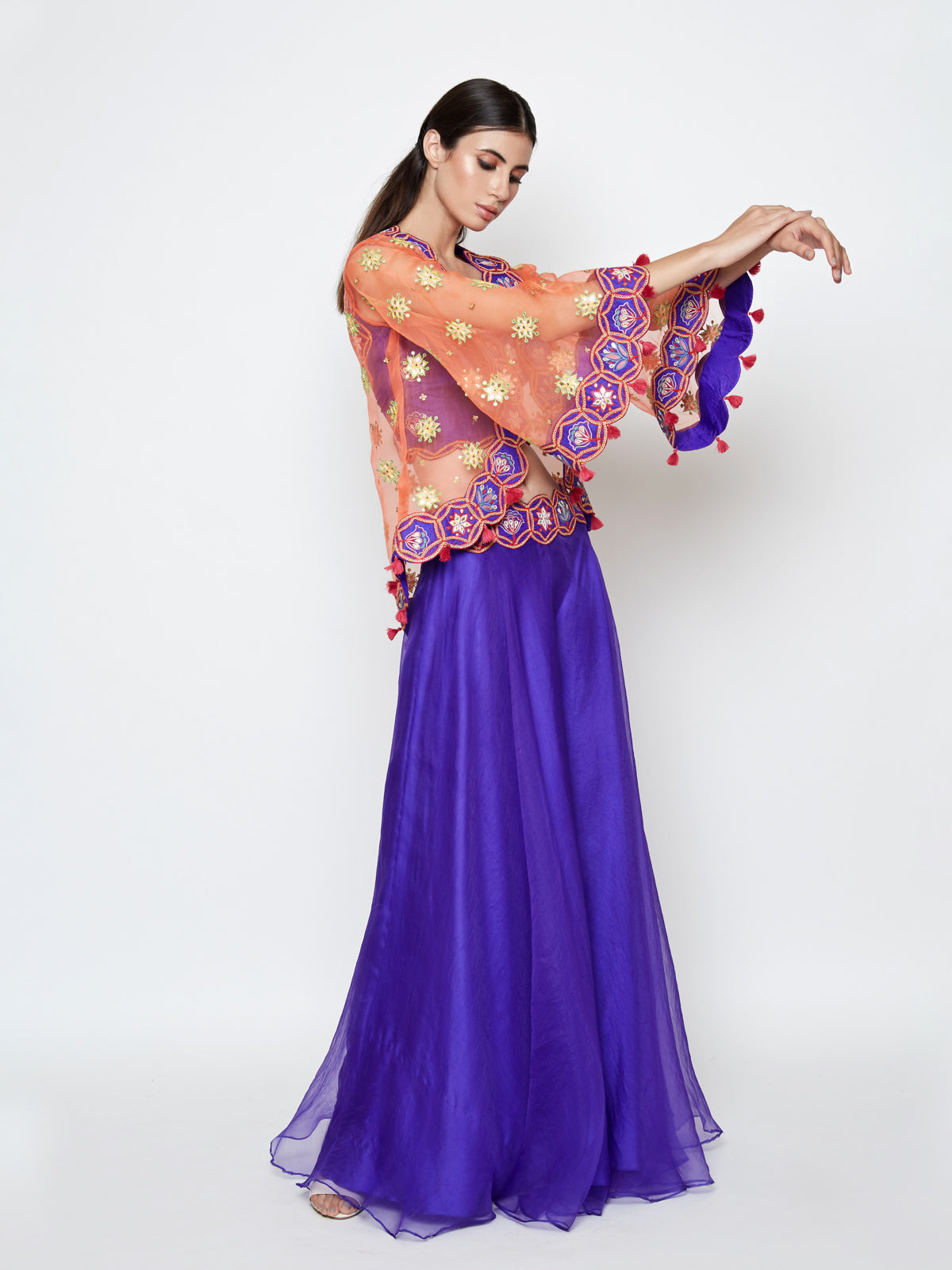 Purple Lehenga with Top and Orange Embroidered Cape