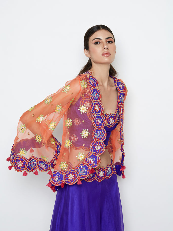 Purple Lehenga with Top and Orange Embroidered Cape