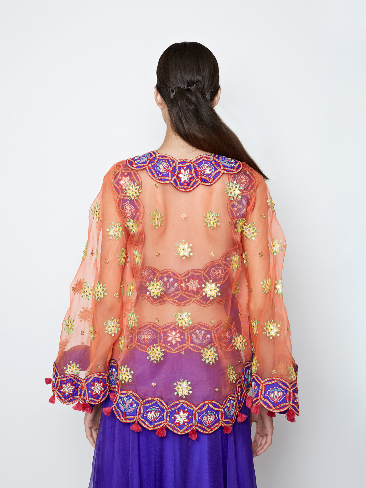 Purple Lehenga with Top and Orange Embroidered Cape