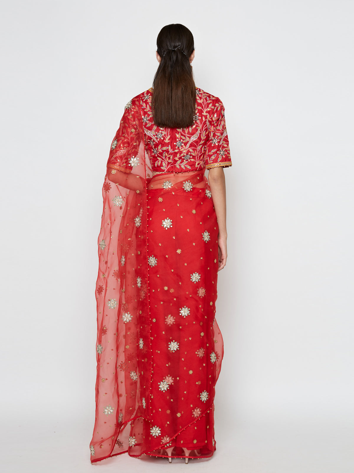 Red Organza Embroidered Saree with Blouse