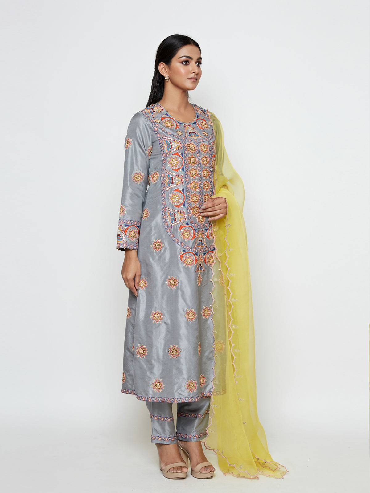 Morbagh Grey Embroidered Yoke Kurta, Pants and Dupatta