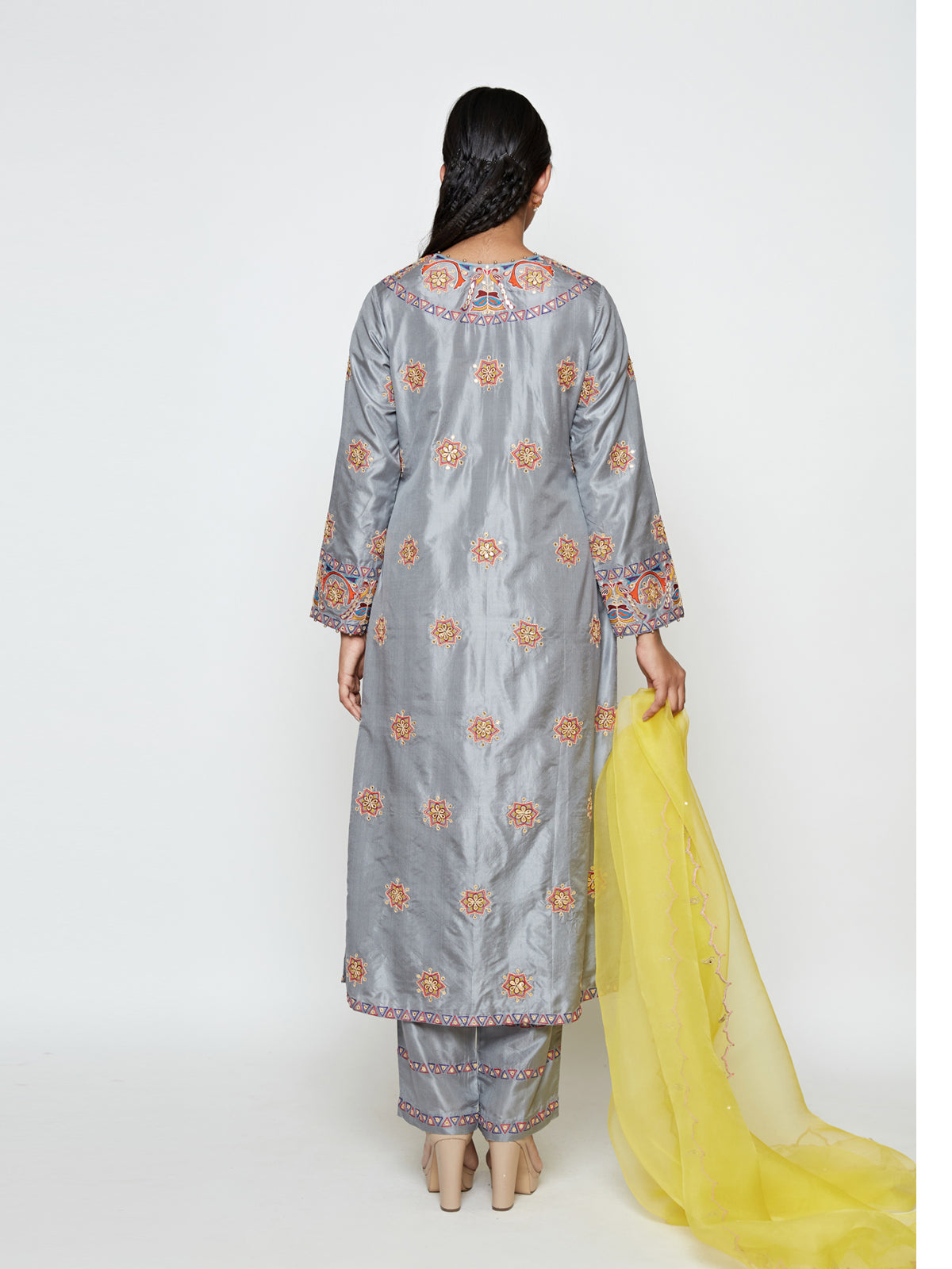 Morbagh Grey Embroidered Yoke Kurta, Pants and Dupatta