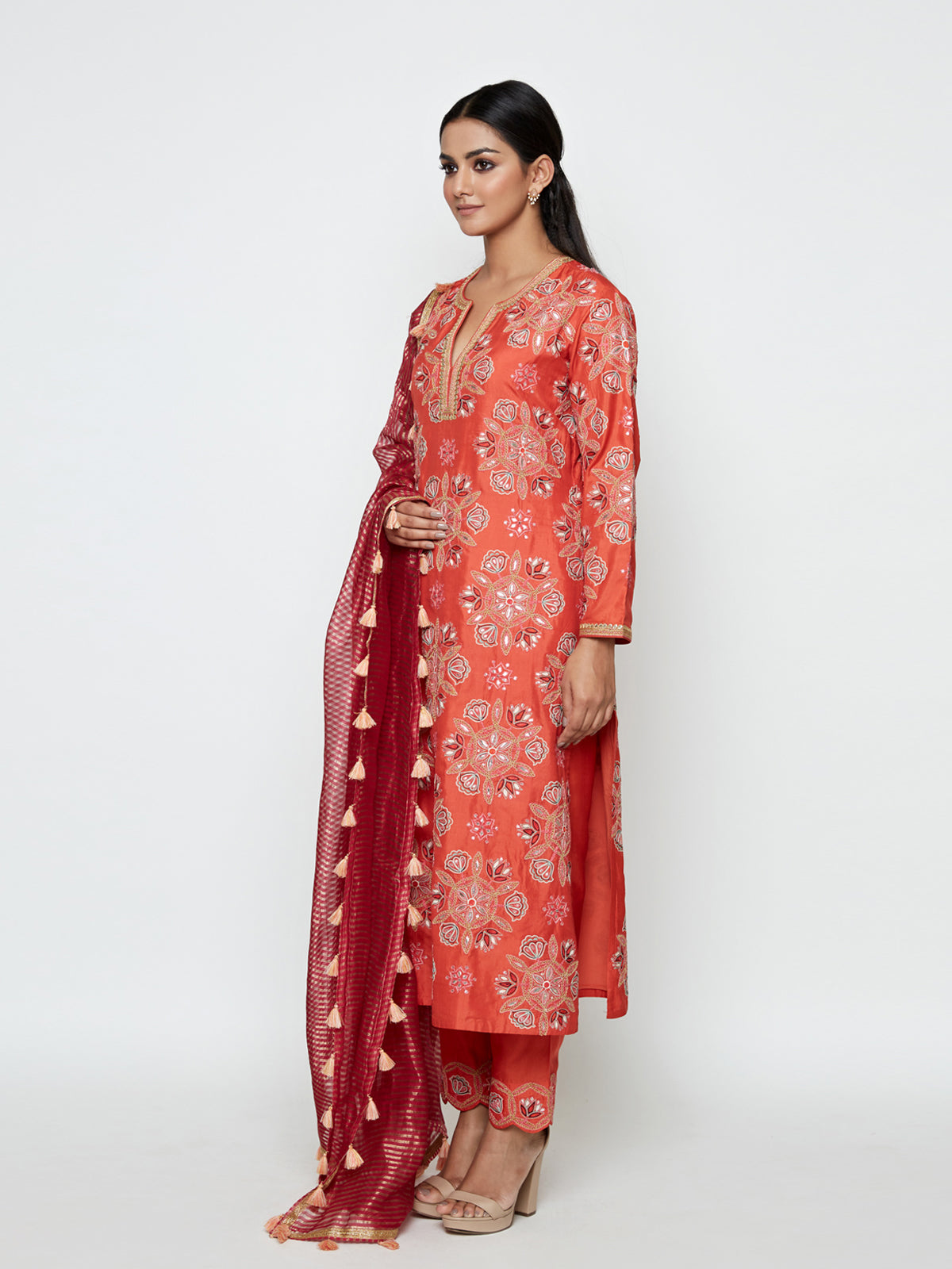 Kamal Rust Embroidered Heavy Kurta, Pants and Dupatta