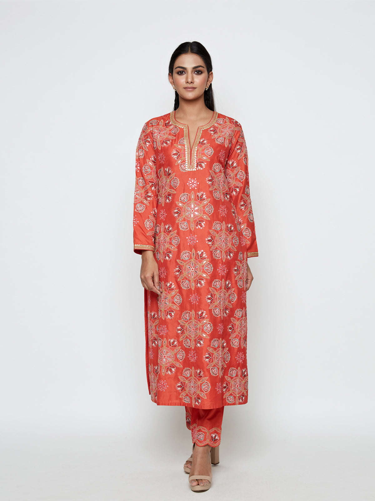 Kamal Rust Embroidered Heavy Kurta, Pants and Dupatta