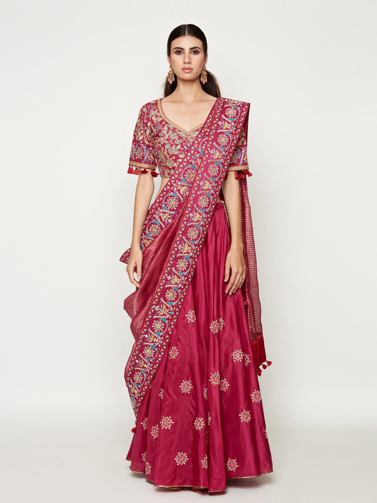 Magenta Embroidered Lehenga with Blouse and Dupatta