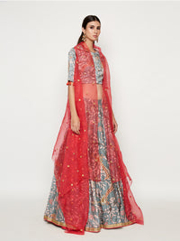 Grey Embroidered Lehenga Crop Top with Pink Cape