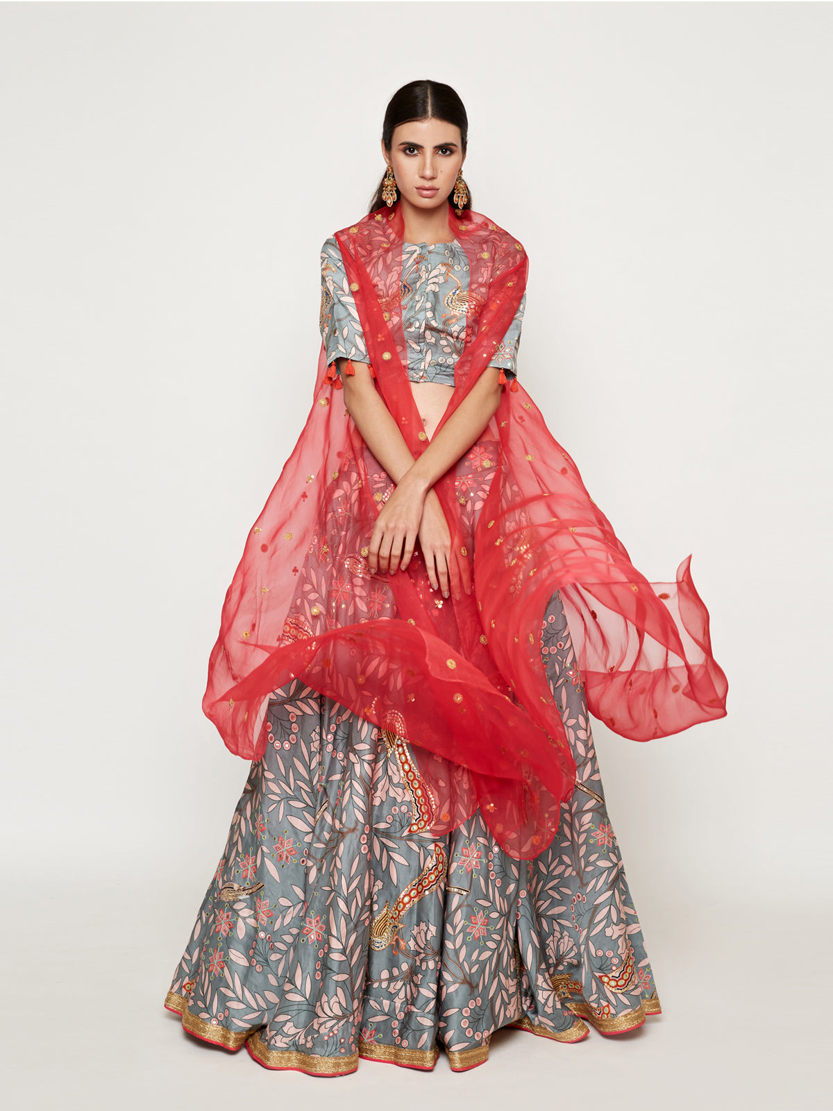 Grey Embroidered Lehenga Crop Top with Pink Cape