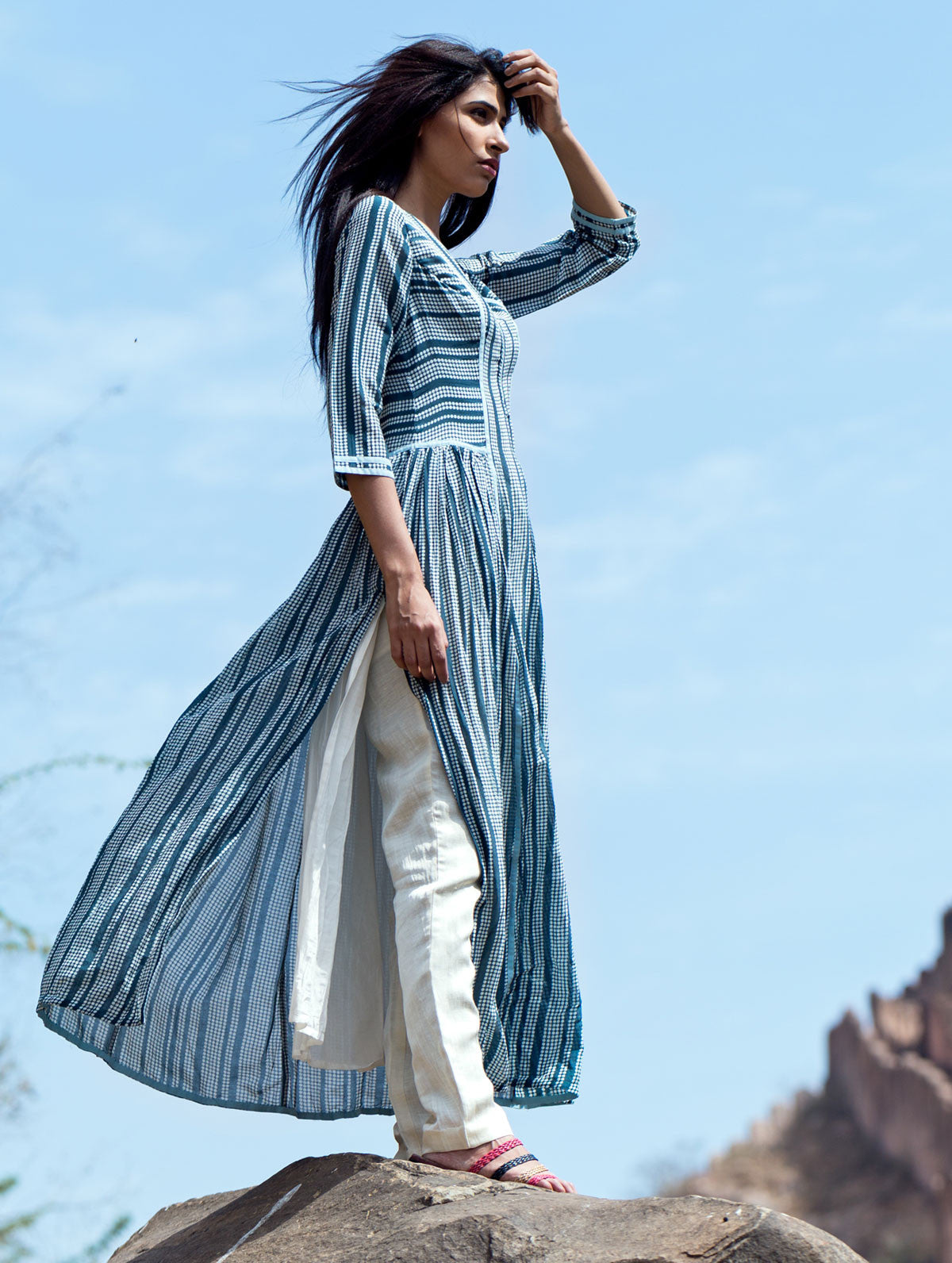 Rakhi outfits for women – printed teal kurta by Swati Vijaivargie