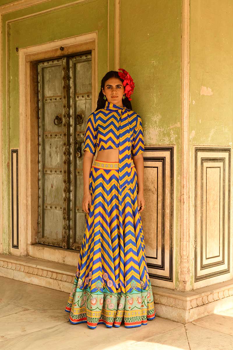 Blue ethnic wear for women – embroidered lehenga set by Swati Vijaivargie