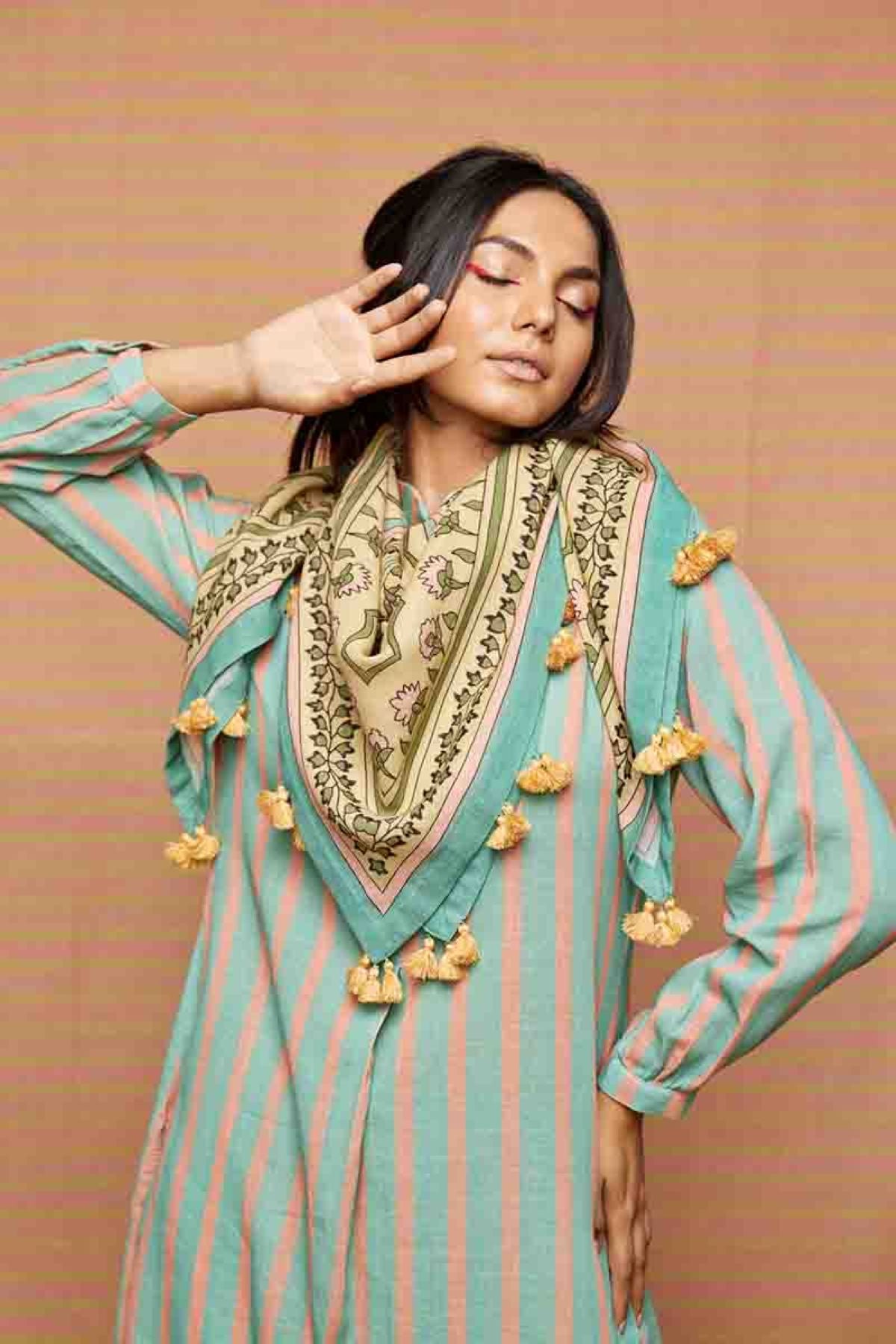 Block Printed Beige with Multi Scarf