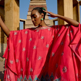 Red & Aqua Printed Embroidered Chintz Kaftan Set