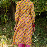 Printed Diagonal Yellow Chanderi flared Kurta