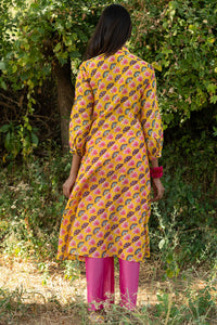 Printed Diagonal Yellow Chanderi flared Kurta