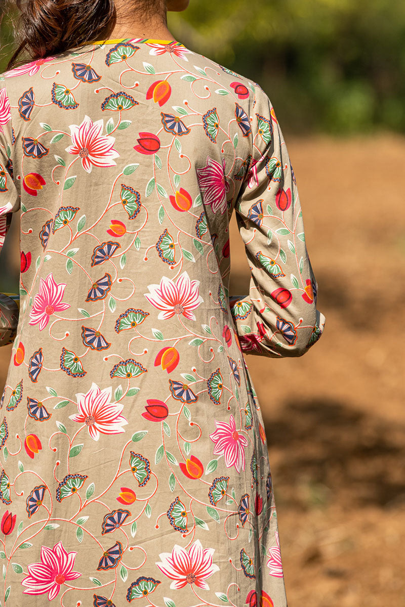 Printed Jaal Beige Placket Kurta