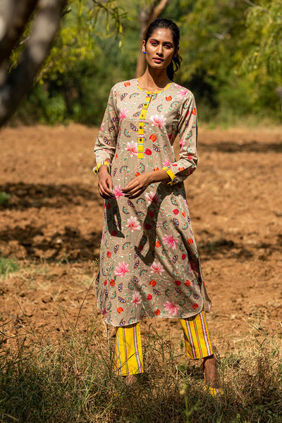 Printed Jaal Beige Placket Kurta