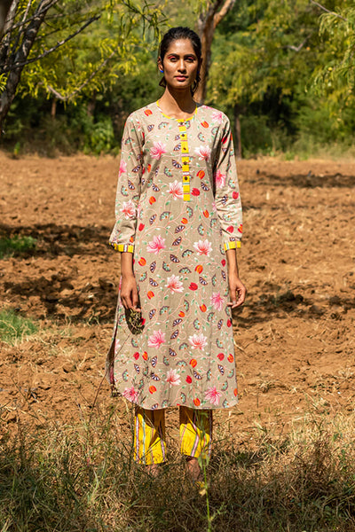 Printed Jaal Beige Placket Kurta
