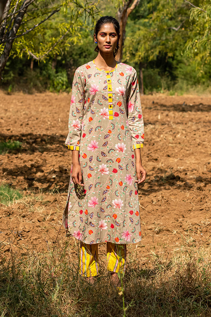 Printed Jaal Beige Placket Kurta