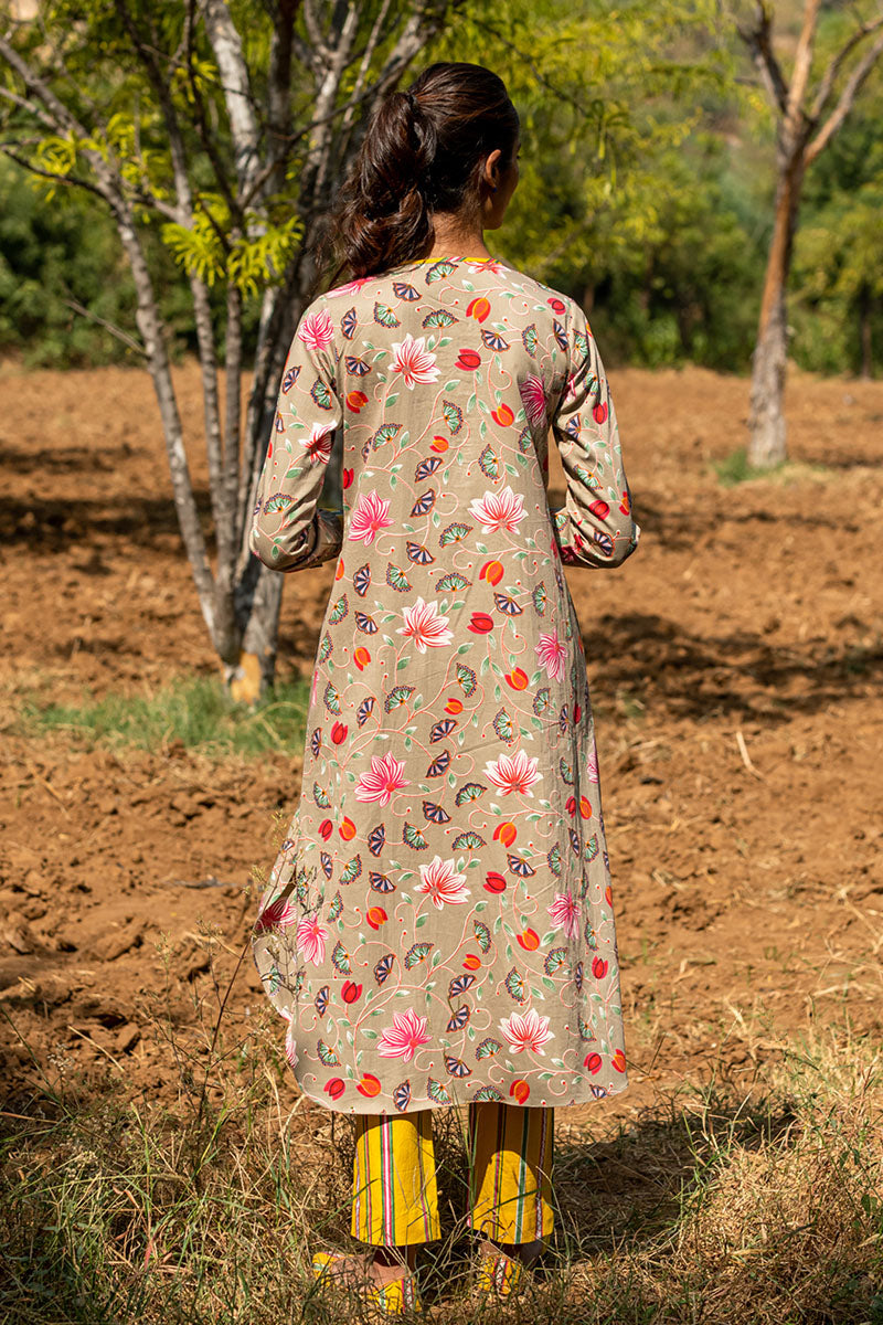Printed Jaal Beige Placket Kurta