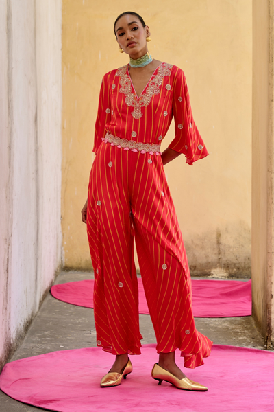 Scarlet Printed Embroidered Jumpsuit Set


