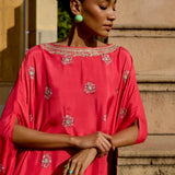 Red & Aqua Printed Embroidered Chintz Kaftan Set