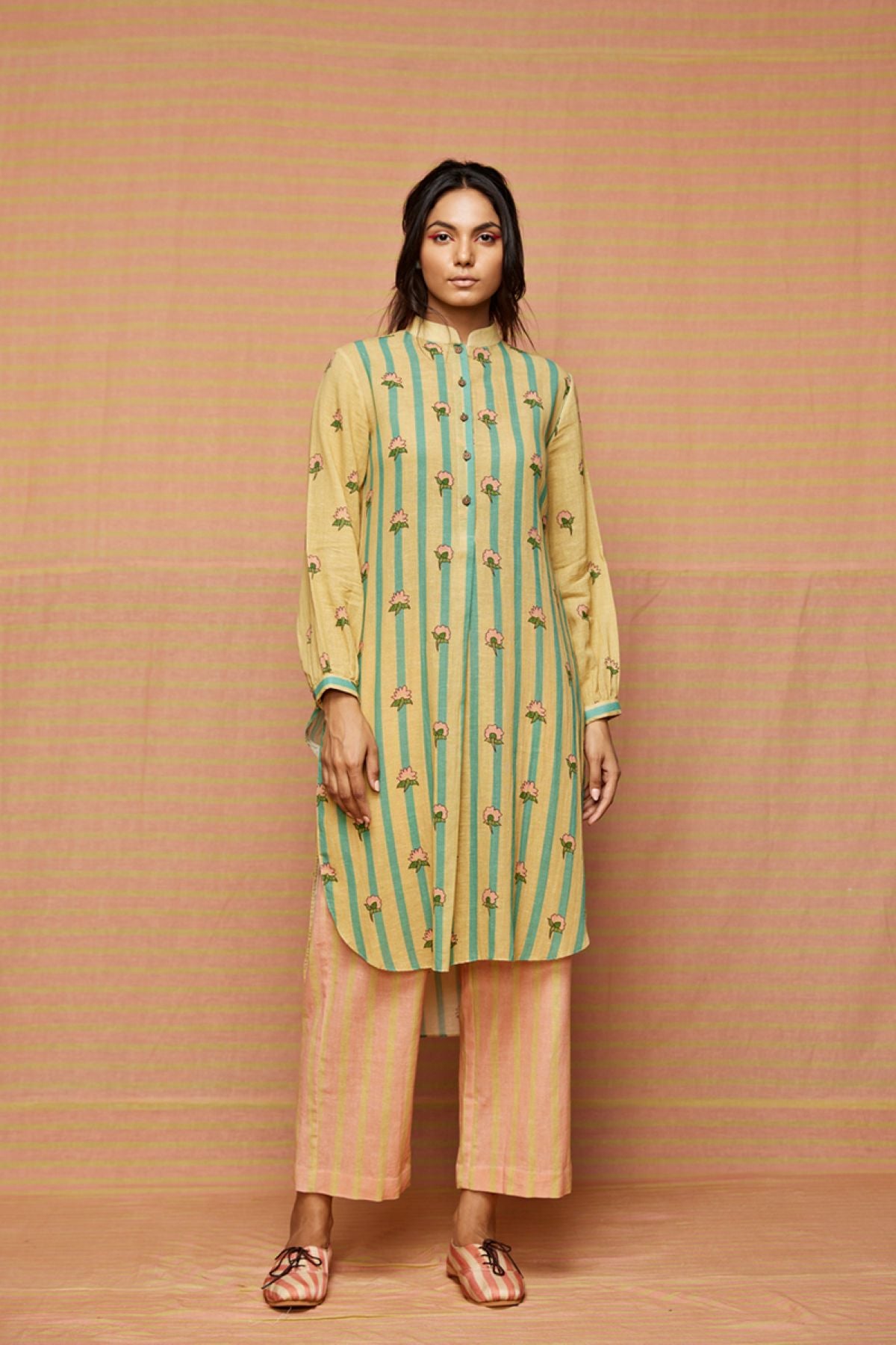 Block Printed Striped Buti Tunic with Striped Pants