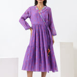 Purple Embroidered Applique Wrap Dress