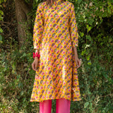 Printed Diagonal Yellow Chanderi flared Kurta