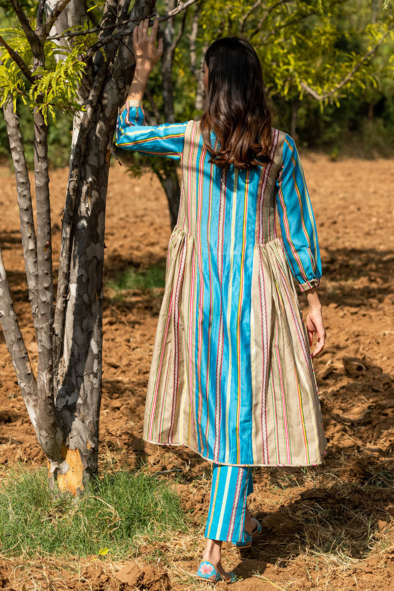 KAMAL STRIPED COLOR BLOCK TURQUOISE TUNIC