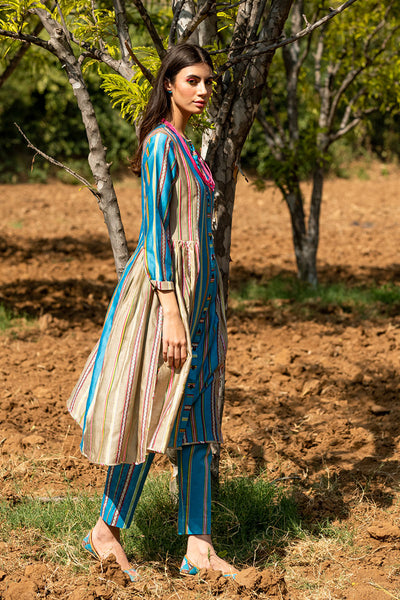 Striped Color Block Printed Turquoise Tunic