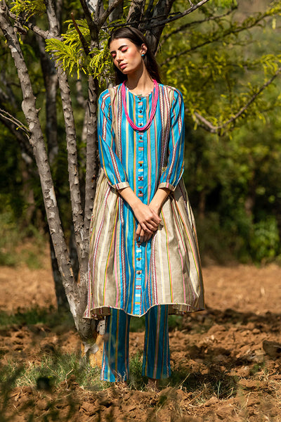 Striped Color Block Printed Turquoise Tunic