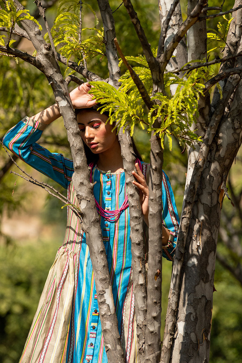 KAMAL STRIPED COLOR BLOCK TURQUOISE TUNIC