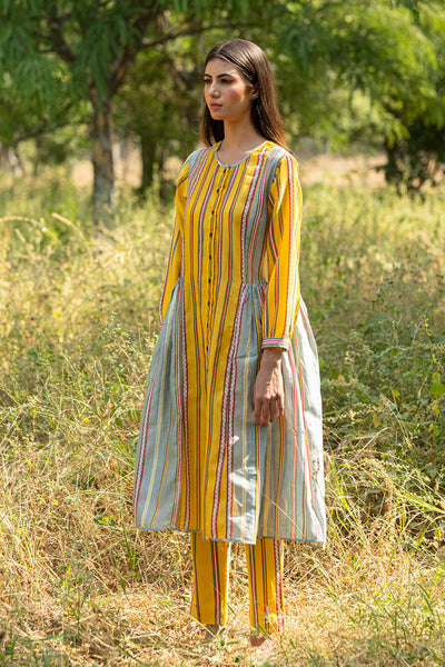 Striped Color Block Printed Yellow Tunic