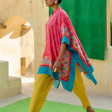 Fuschia Aqua Printed Embroidered Chintz Square Poncho Set