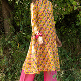 Printed Diagonal Yellow Chanderi flared Kurta
