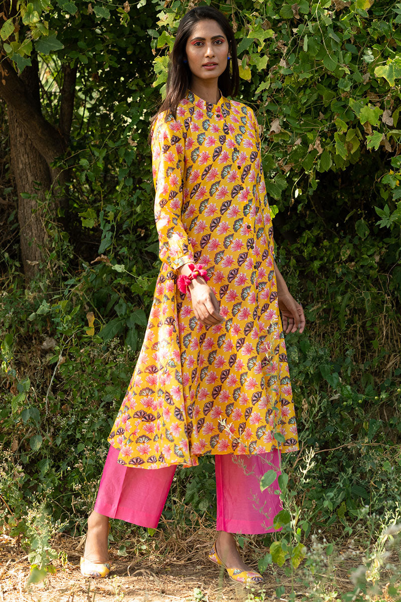 Printed Diagonal Yellow Chanderi flared Kurta
