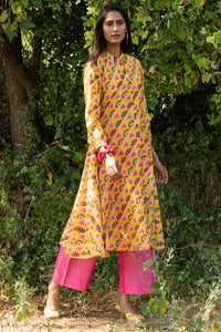 Printed Diagonal Yellow Chanderi flared Kurta