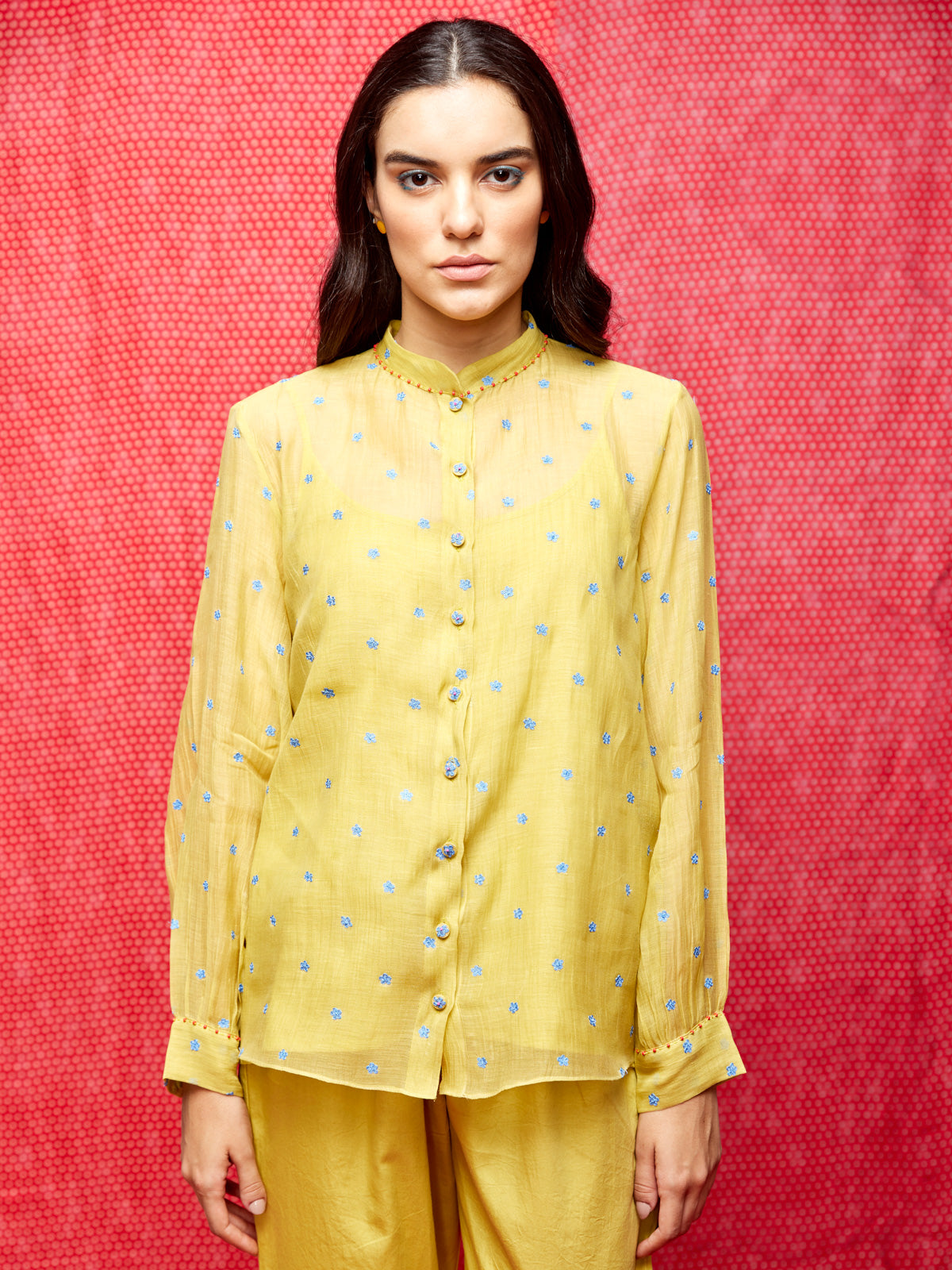 Yellow Embroidered Chanderi Shirt