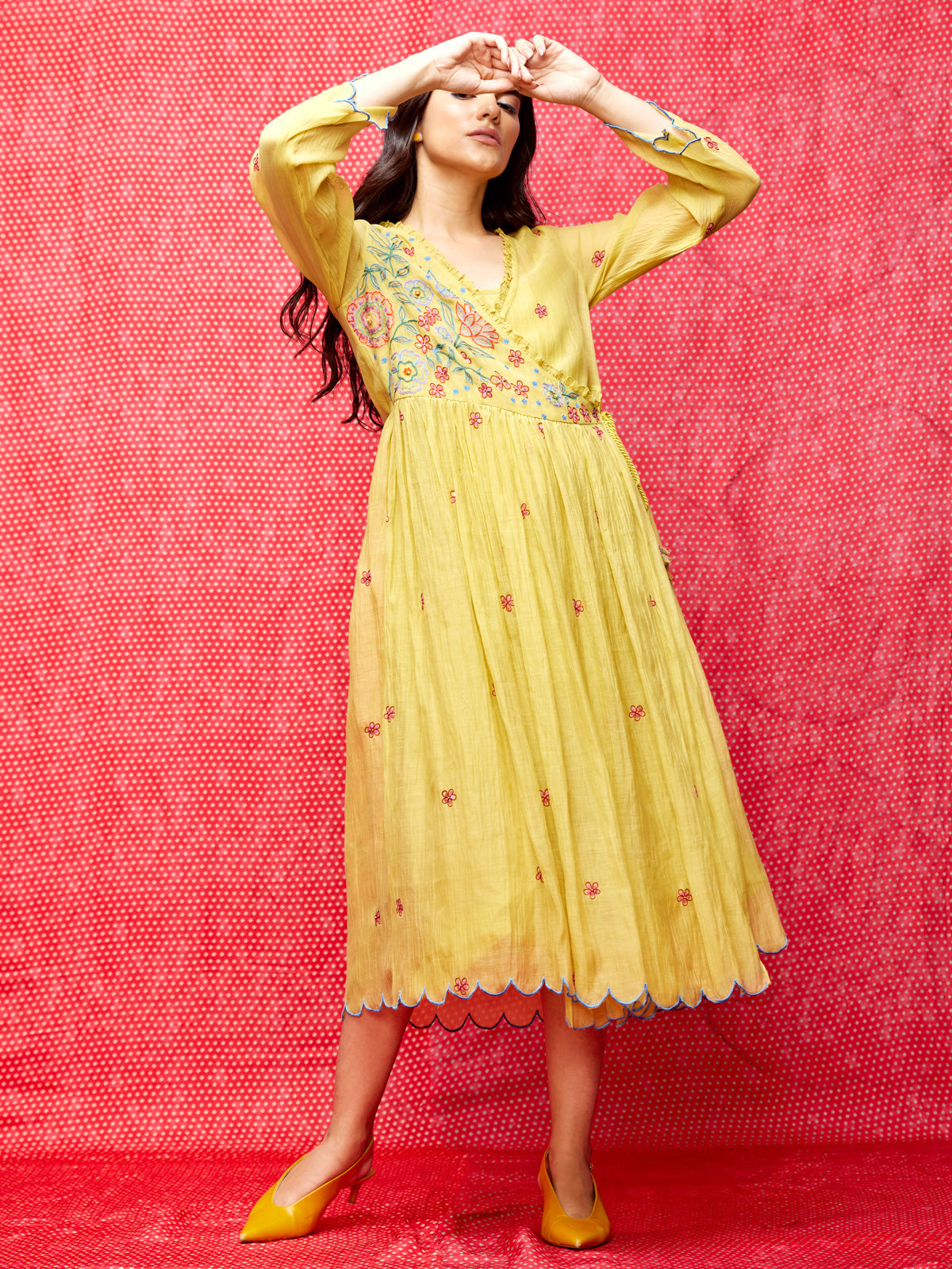 Yellow Multi Embroidered Chanderi Dress