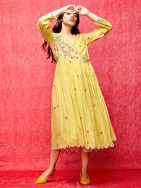 Yellow Multi Embroidered Chanderi Dress