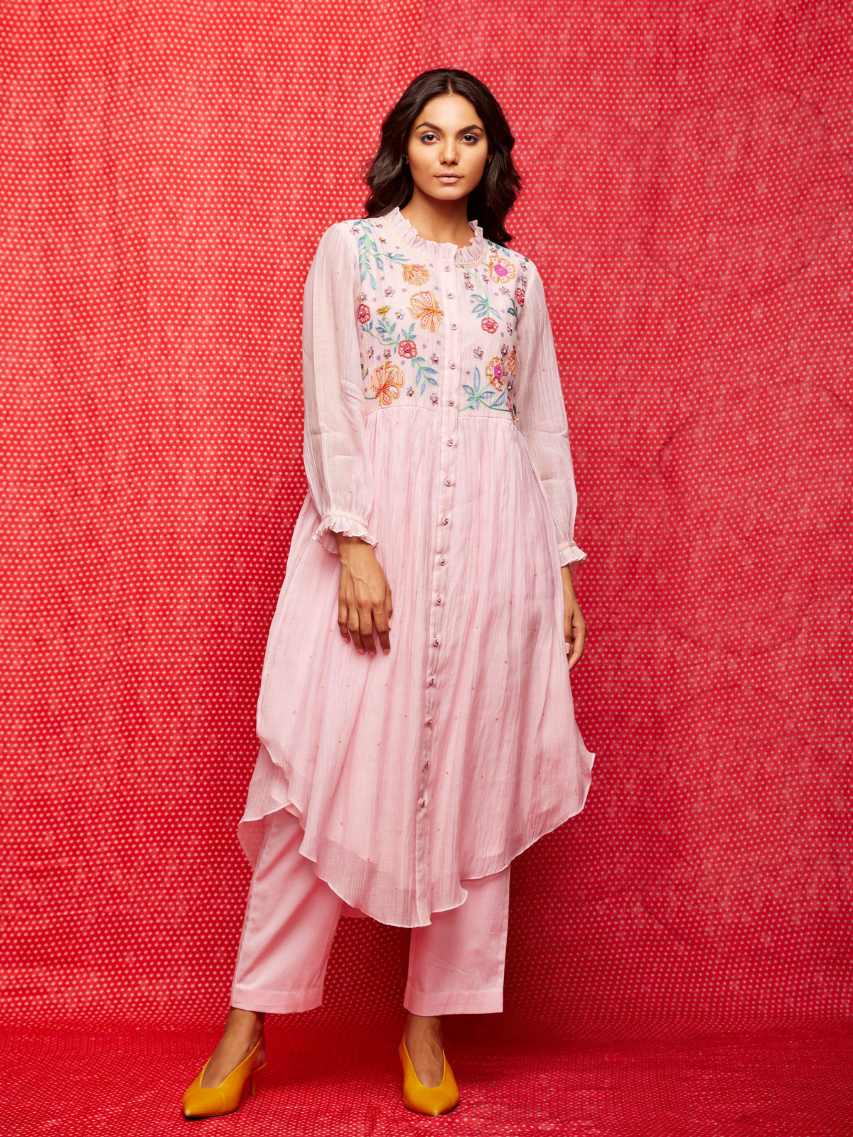 Pink embroidered round hem dress