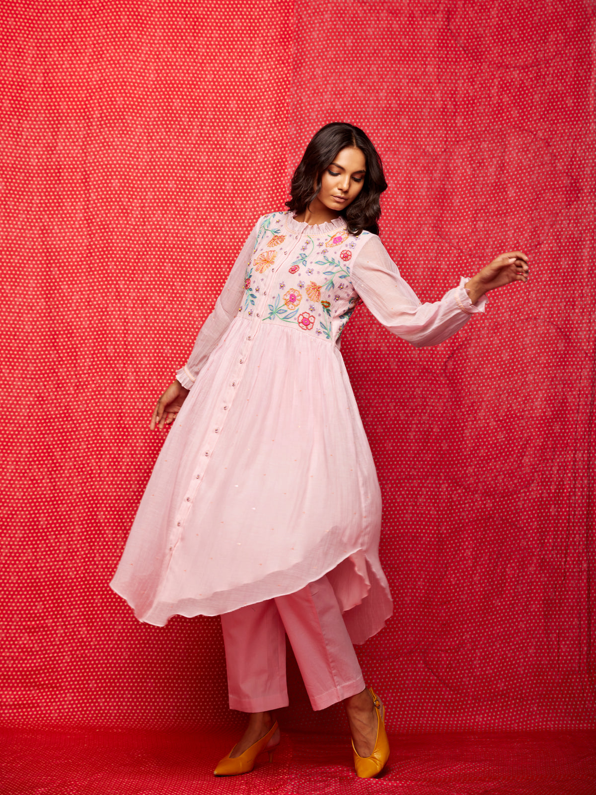 Pink Multi Embrodiered Round Hem Dress