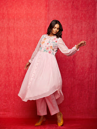 Pink Multi Embrodiered Round Hem Dress