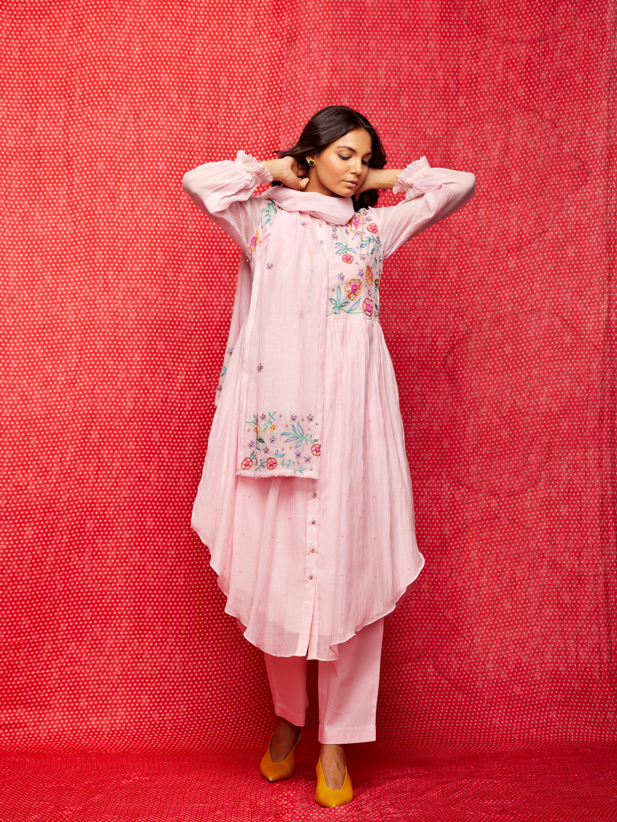 Pink Multi Embrodiered Round Hem Dress
