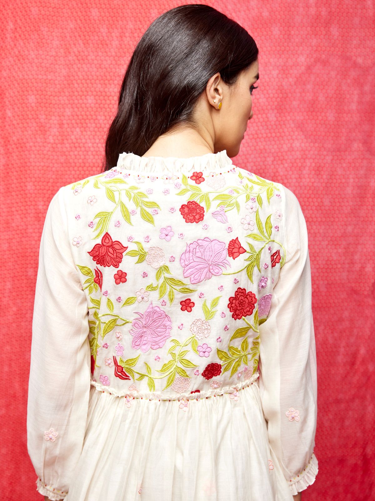 Ivory Rose Appliqué & Kantha Handwork Silk Chanderi Tunic